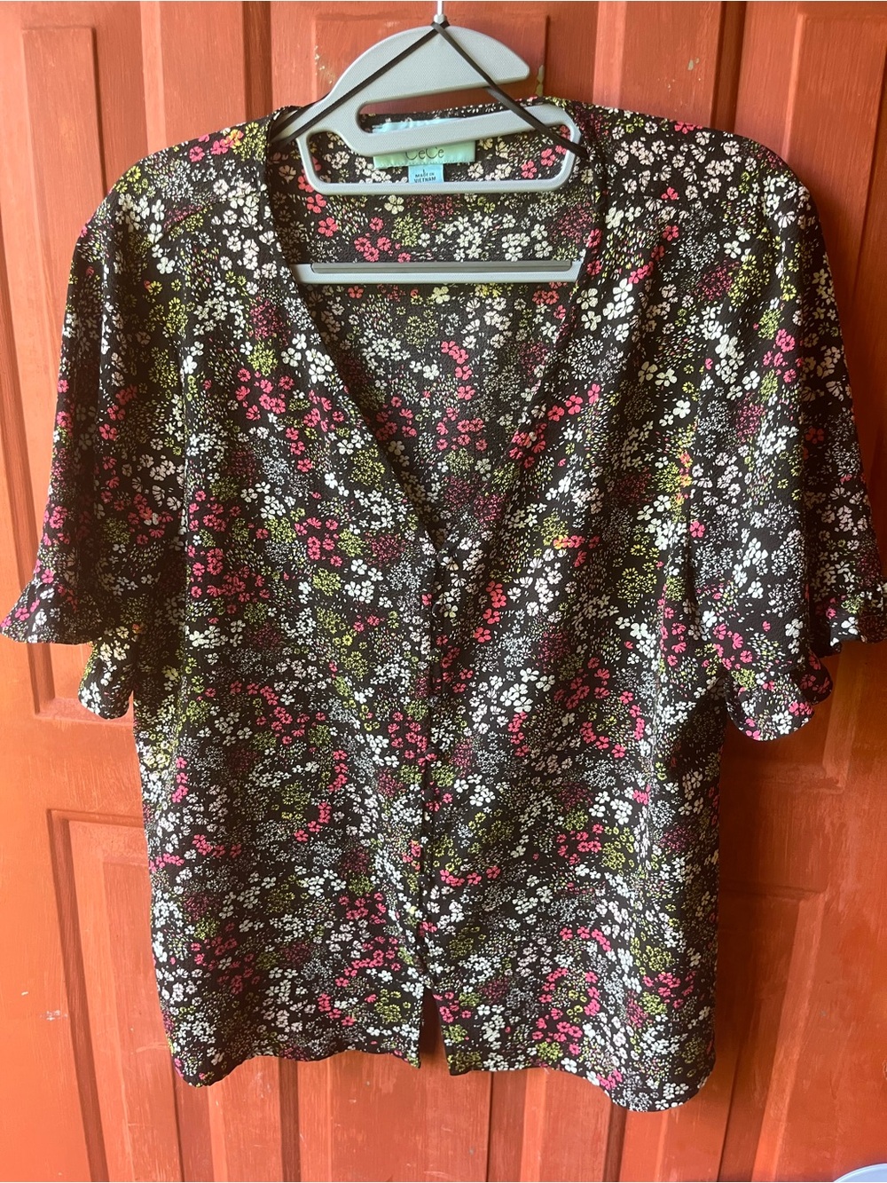 CeCe Black Floral Button-Front V-Neck Top with Pink & White Flowers